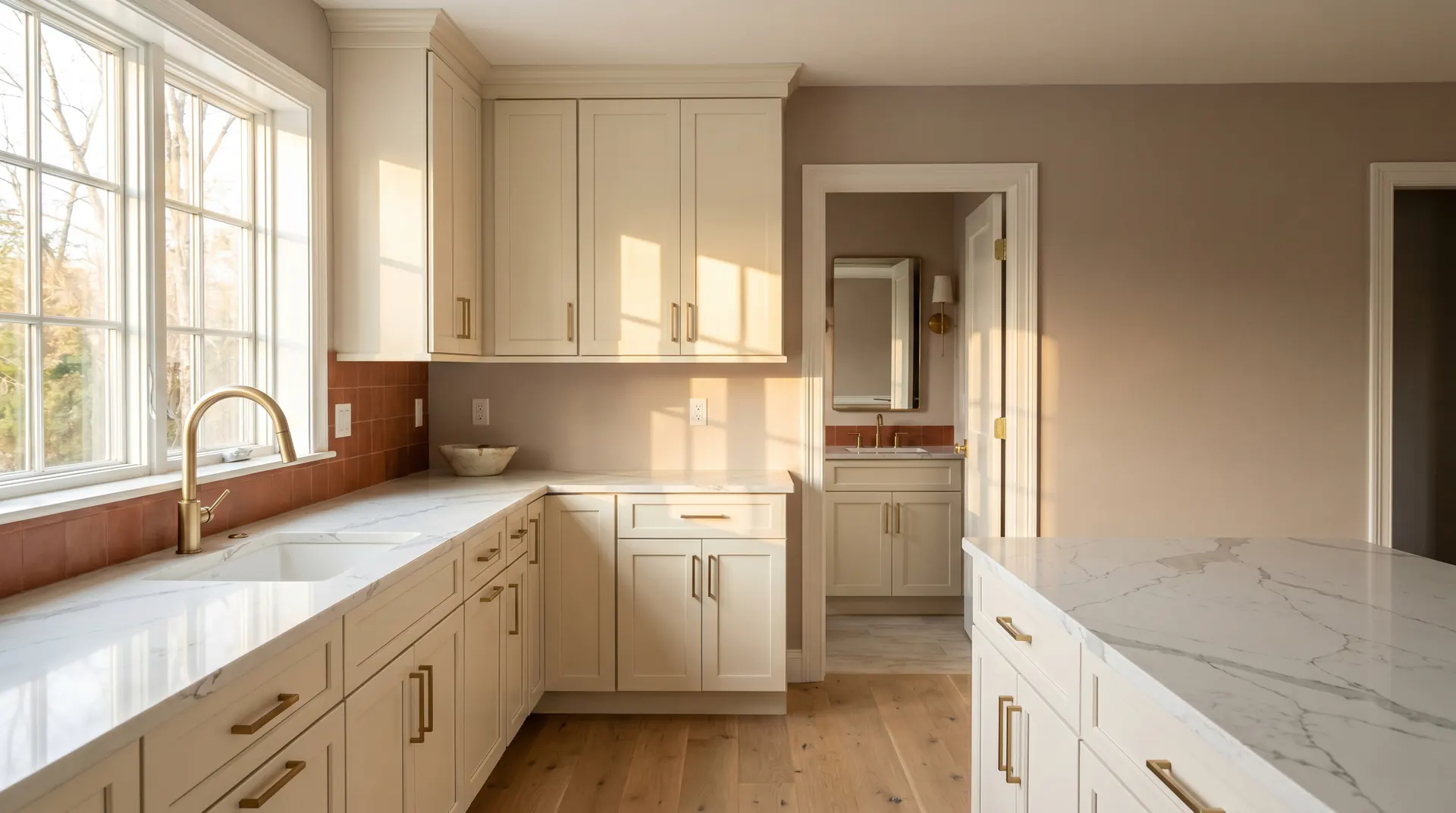 Editorial overhead of a kitchen and bathroom planning workspace — drafting paper layout sketch, color swatches, stone sample, brushed brass cabinet pull, and a checklist notebook