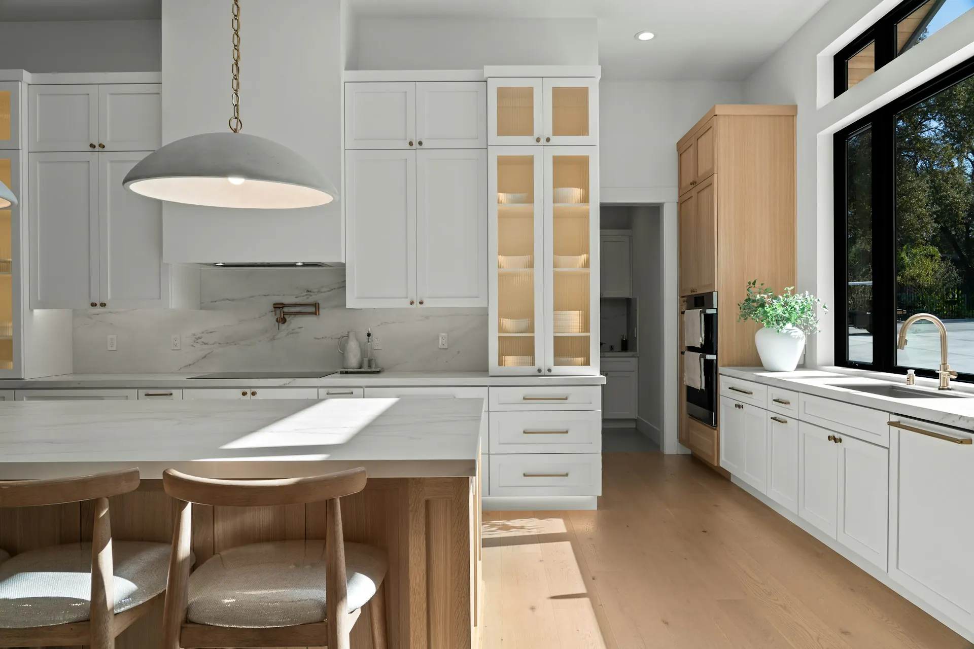 Mid-century Fair Lawn NJ kitchen — open white cabinets, large picture window, refresh-scope renovation feel