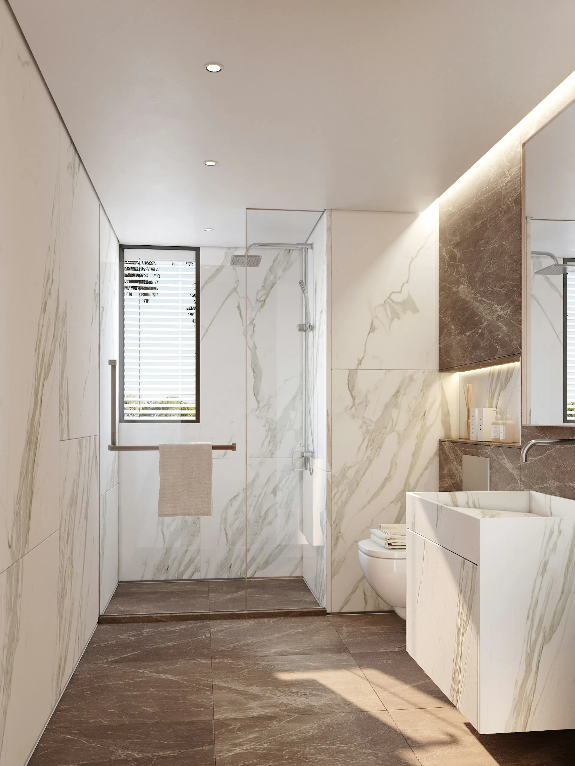 High-rise Fort Lee NJ primary bathroom — sleek modern marble walls and integrated sink, urban condominium scale